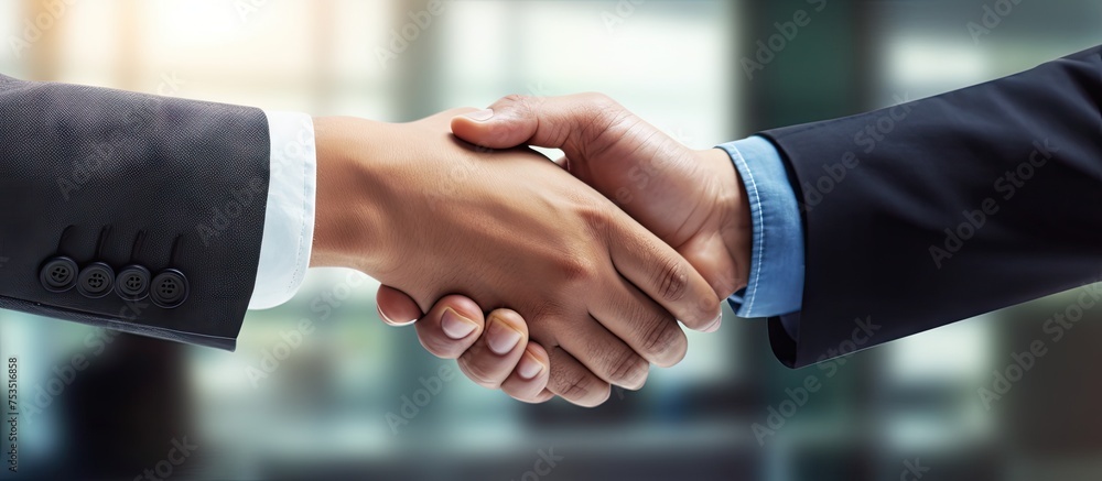 Successful Businessmen Celebrating Agreement with Firm Handshake in Modern Office Setting