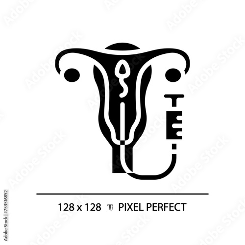Intrauterine insemination black glyph icon. Artificial impregnation. Reproductive technologies. Medical fecundacion. Silhouette symbol on white space. Solid pictogram. Vector isolated illustration