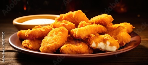 Sizzling Plate of Crispy Fried Chicken Nuggets with a Flavorful Bowl of Dipping Sauce