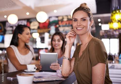 Startup, girl and happy portrait in restaurant for small business, cafe or coffee shop and notebook or paperwork for planning. Female entrepreneur, counter and meeting with partners for inventory.