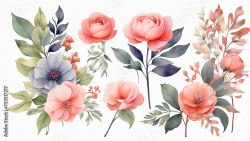 Set of watercolor flowers and leaves. Hand-drawn illustration. © Юлия Васильева