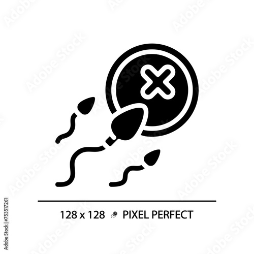 Infertility black glyph icon. Male erectile dysfunction, impotence. Ovulation insemination issue, sperm egg. Silhouette symbol on white space. Solid pictogram. Vector isolated illustration