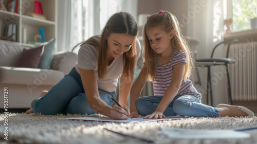 Intimate Mother-Daughter Moment with Drawing Activity in Cozy Home Setting