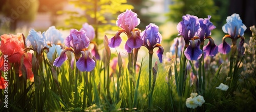 Vibrant Iris Flowers Basking in the Warm Glow of Sunlight