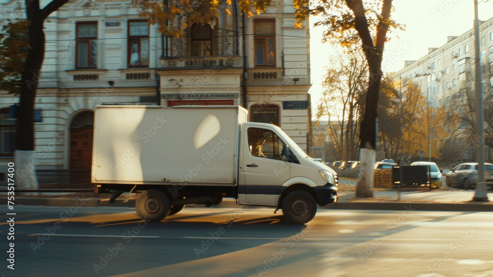 Delivery truck in motion, driving through urban streets at golden hour.