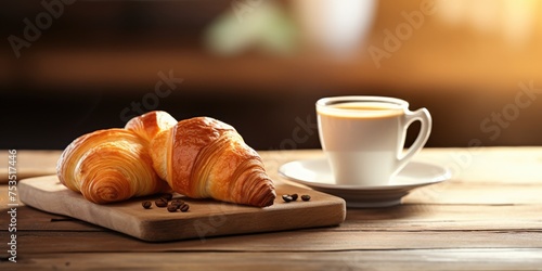 Breakfast concept: Fresh croissants and coffee on a wooden table with a blurred kitchen background.