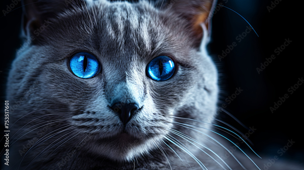 Close-up of the head of an ash-gray fluffy cat with bright blue eyes on a dark background Close-up of the head of an ash-gray fluffy cat with bright blue eyes on a dark background