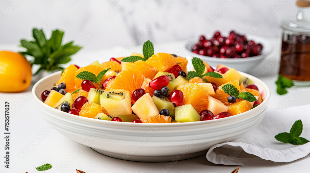 Vitamin colorful fruit salad on the kitchen table. Concept of vegetarian dessert and healthy food Vitamin colorful fruit salad on the kitchen table. Concept of vegetarian dessert and healthy food