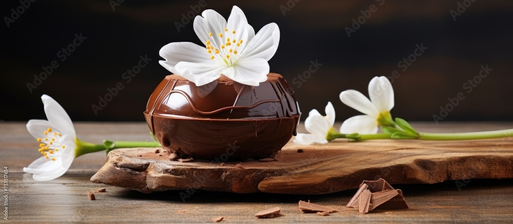 Fototapeta premium Decadent Chocolate Easter Egg Adorned with a Delicate Flower Petal