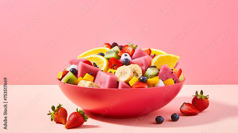 Fruit salad on pink isolated background. Concept of healthy eating Fruit salad on pink isolated background. Concept of healthy eating