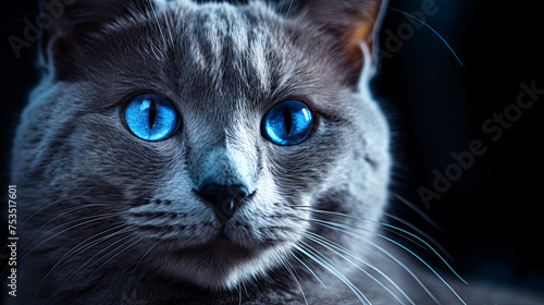 Close-up of the head of an ash-gray fluffy cat with bright blue eyes on a dark background photo
