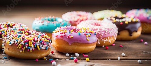 Delicious Assortment of Colorful Donuts on a Pink Background in a Bakery Display