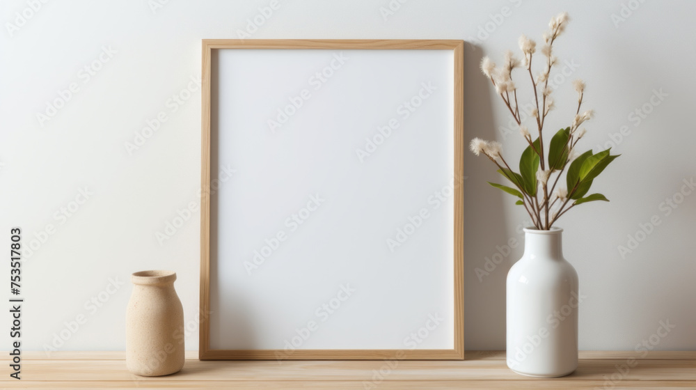 Empty Frame on Wooden Shelf with Plant Empty Frame on Wooden Shelf with Plant