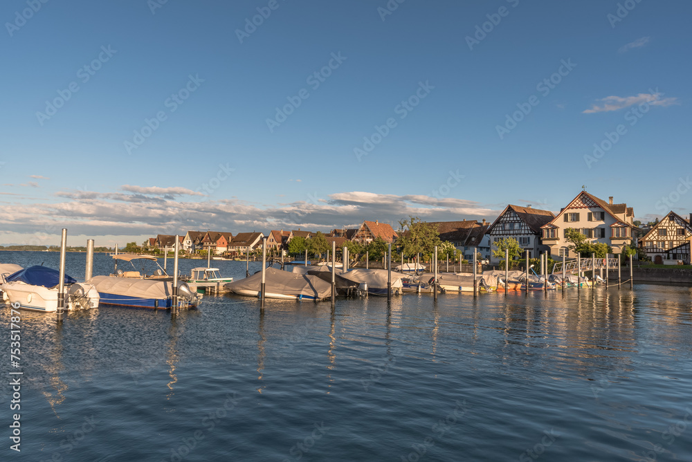 Boats and houses at the harbor in Ermatingen on Lake Constance, Canton of Thurgau, Switzerland