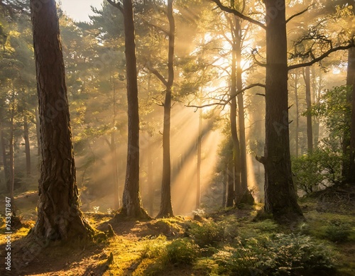 Mystical Forest with beaming light through the trees 