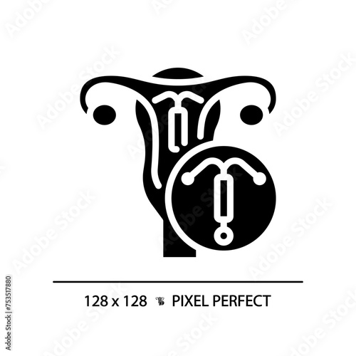 Intrauterine device black glyph icon. Pregnancy prevention, birth control. Medical technology, reproductive health. Silhouette symbol on white space. Solid pictogram. Vector isolated illustration