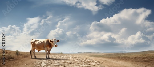Serene Cow Grazing in Open Field Under Clear Blue Sky on a Dirt Road photo
