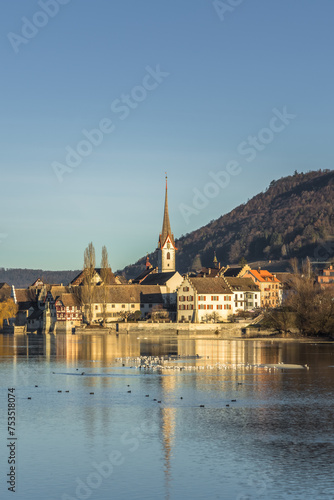 View from the island of Werd across the Rhine to the old town of Stein am Rhein with St. George's Abbey, Canton of Thurgau, Switzerland