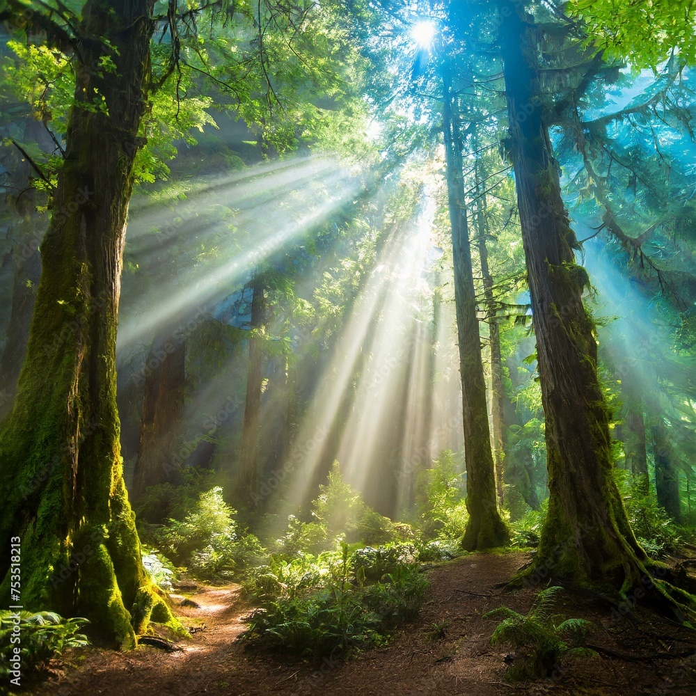 Obraz premium Mystical Forest with beaming light through the trees 