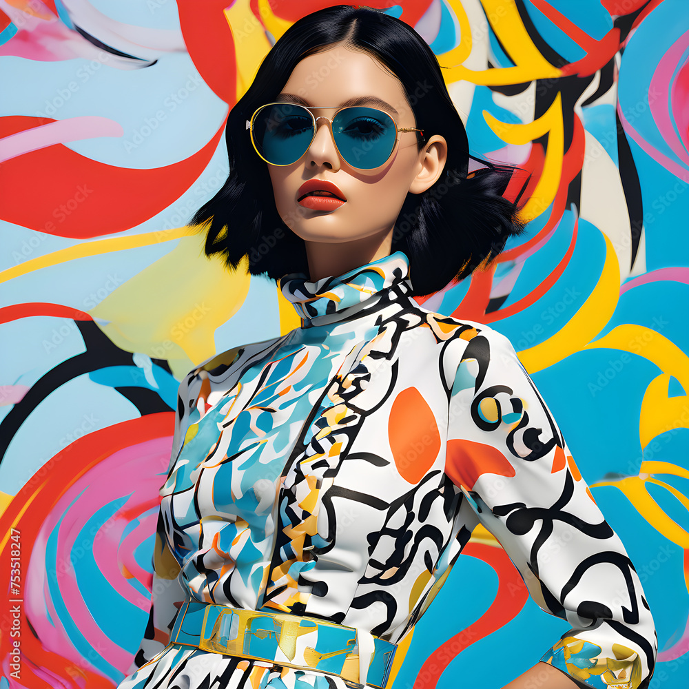 Beautiful super pop art woman with wavy hair and elegant clothes like a magazine cover.