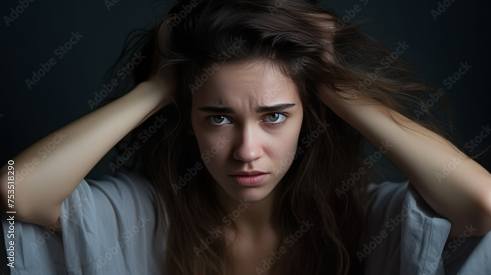 Frustrated Young Lady with Tangled Hair Frustrated Young Lady with Tangled Hair