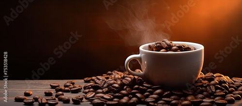 Aromatic Roasted Coffee Beans and Espresso Cup on Wooden Table