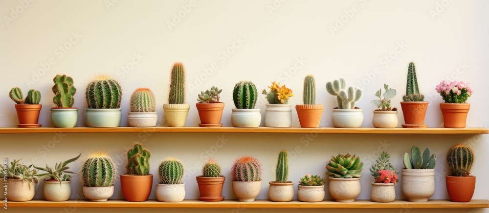 Diverse Collection of Lush Cacti on a Decorative Plant Shelf