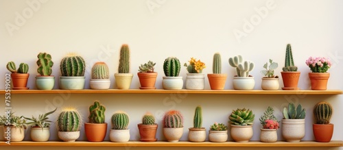 Diverse Collection of Lush Cacti on a Decorative Plant Shelf