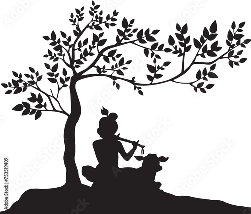 Sri Krishna and cows Silhouette