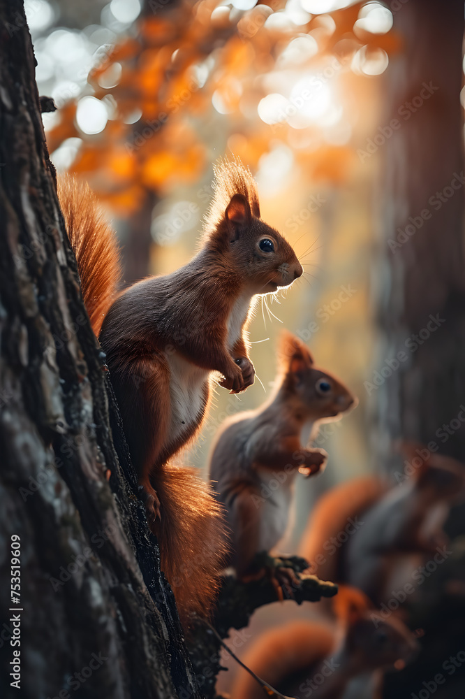 Squirrel family on the forest tree in the evening with sunset. Group of wild animals in nature. Squirrel family on the forest tree in the evening with sunset. Group of wild animals in nature.