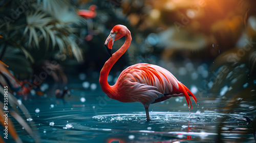 Pink flamingo bird wades gracefully in a serene water setting, showcasing its elegant red beak, long neck, and beautiful feathers