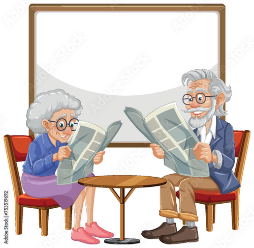 Senior man and woman reading papers together