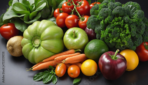 Organic and healthy fruits and vegetables on dark background