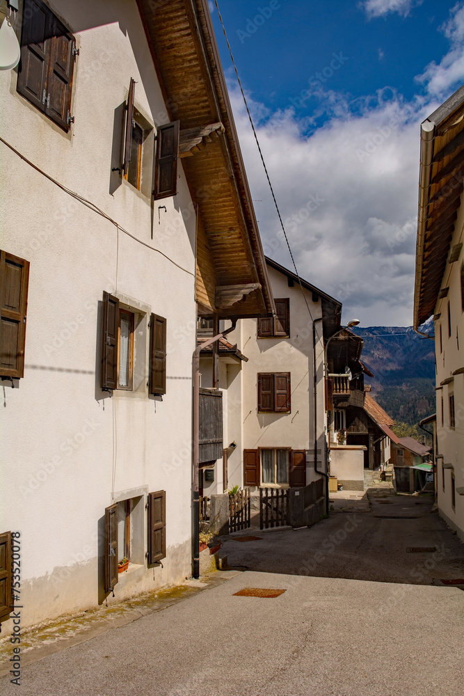 A street in the mountain village of Mione in Carnia, Friuli-Venezia Giulia, north east Italy