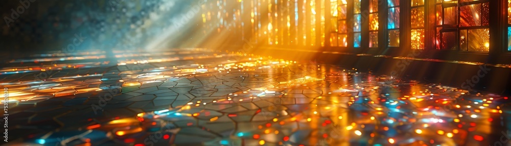 Mosaic tiles creating an ethereal light effect in a vintage abstract setting.