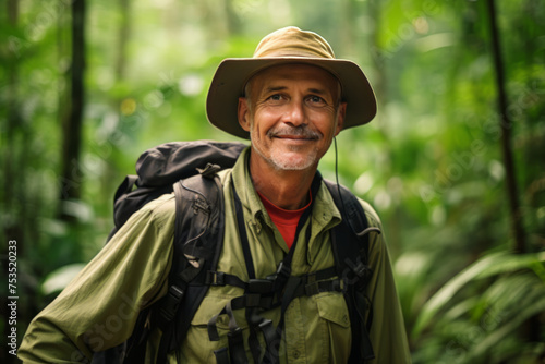 Mature Male Hiker Exploring Rainforest, Wearing Hat and Backpack