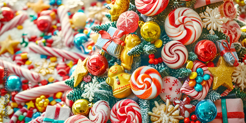 colorful candy on a A pile of christmas candy canes and spheres white background