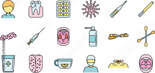 Tonsillitis icons set outline vector. Tonsil anatomy. Mouth throat color line isolated
