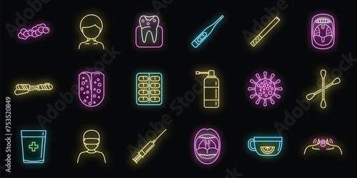 Tonsillitis icons set outline vector. Tonsil anatomy. Mouth throat neon isolated