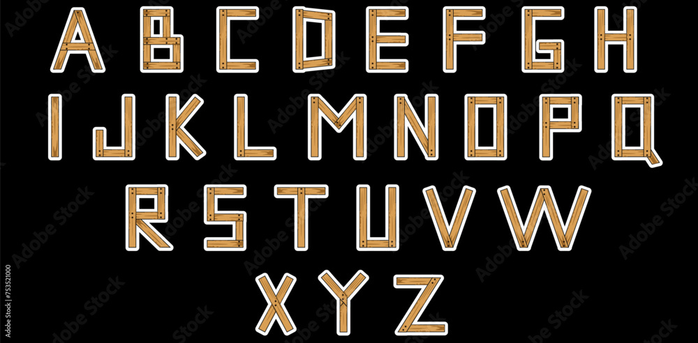 Collection Wooden Alphabet Sticker design isolated black background. Letters Set with Grunge wood texture. Font template. Vector illustration can used web social media design. EPS 10 Collection Wooden Alphabet Sticker design isolated black background. Letters Set with Grunge wood texture. Font template. Vector illustration can used web social media design. EPS 10