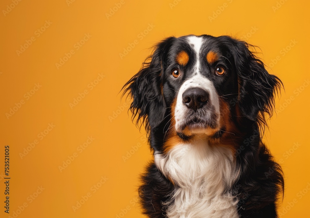Portrait of a Majestic Bernese Mountain Dog Against a Vibrant Orange - Generative AI Portrait of a Majestic Bernese Mountain Dog Against a Vibrant Orange - Generative AI
