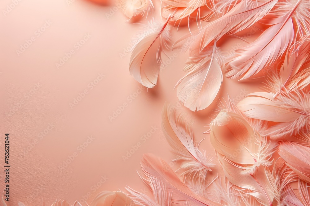 Delicate peach-colored feathers gracefully adorn a peach background