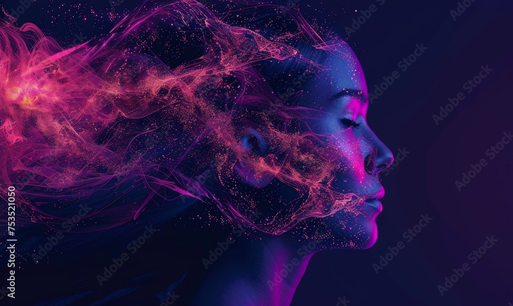 AI profile is illuminated by dark, purple, and pink lighting, creating an enigmatic and futuristic ambiance. AI profile is illuminated by dark, purple, and pink lighting, creating an enigmatic and futuristic ambiance.