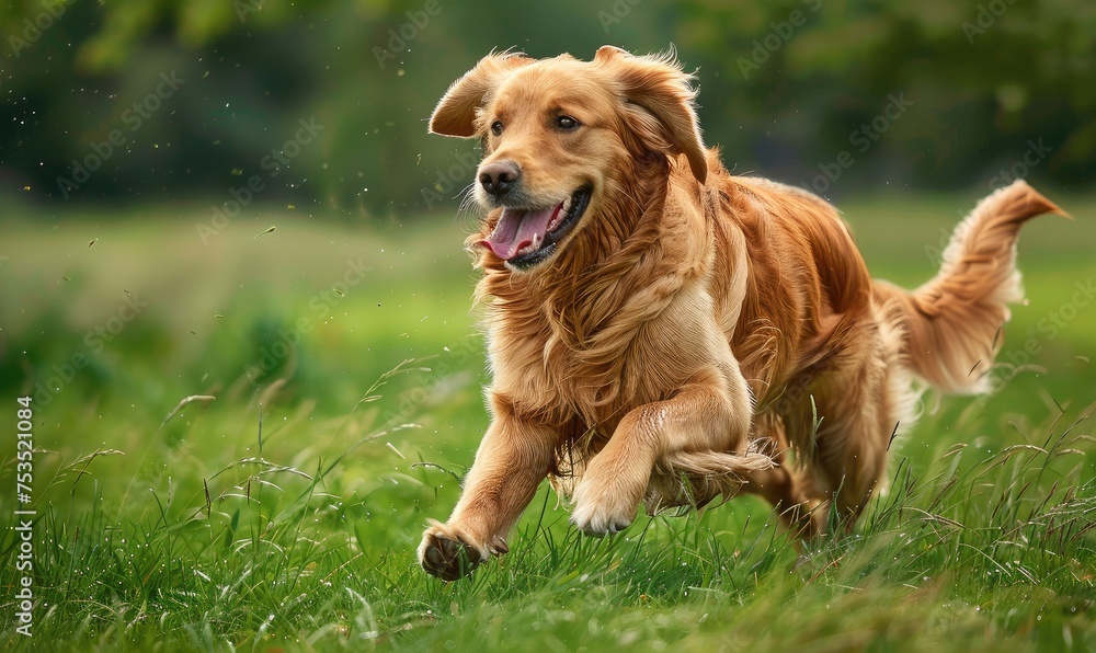 Exuberant Golden Retriever Enjoys a Spirited Run Across Lush Meadow - Generative AI Exuberant Golden Retriever Enjoys a Spirited Run Across Lush Meadow - Generative AI