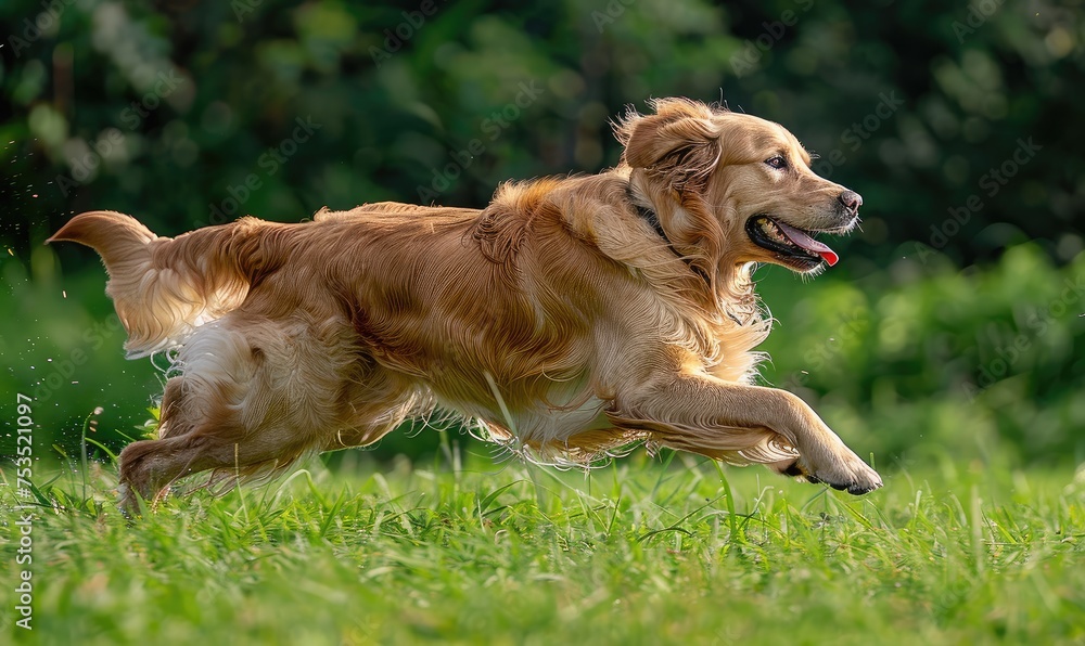 Exuberant Golden Retriever Enjoys a Spirited Run Across Lush Meadow - Generative AI Exuberant Golden Retriever Enjoys a Spirited Run Across Lush Meadow - Generative AI
