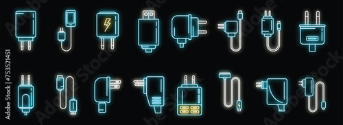 Device charger icons set outline vector. Mobile usb cable. Smartphone charger neon isolated