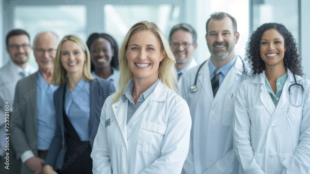 Advertising photo featuring a team of expert medical personnel including surgeons, doctors, and regulators, in a modern corporate office setting Advertising photo featuring a team of expert medical personnel including surgeons, doctors, and regulators, in a modern corporate office setting