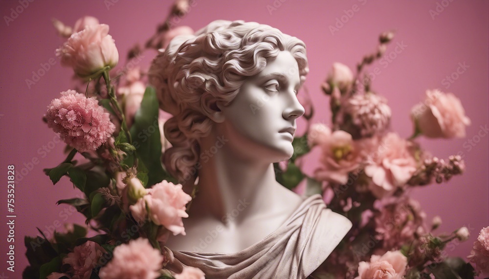 A classical bust adorned with vibrant floral arrangement against a soft pink backdrop.