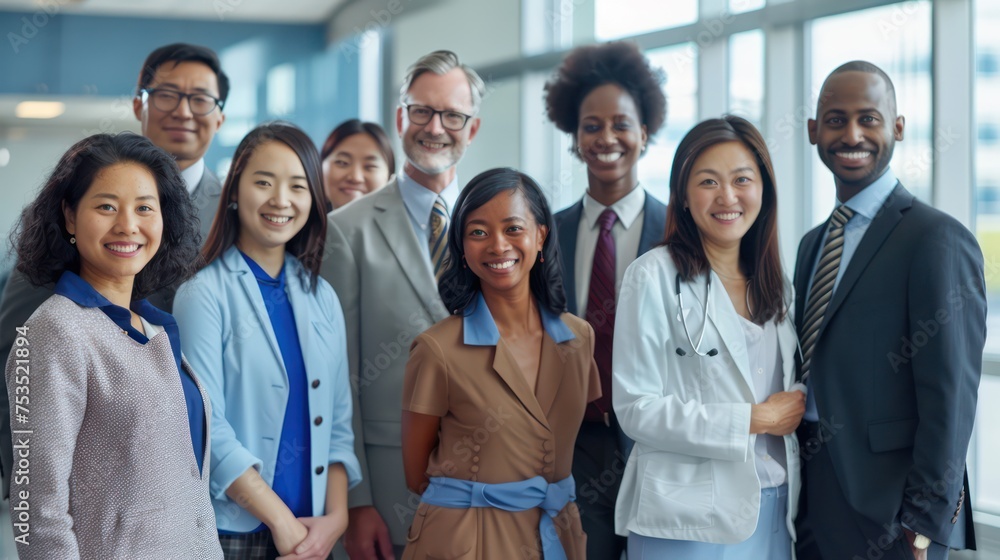 a team of proficient medical professionals, consisting of surgeons, doctors, and regulators, within a sleek corporate office backdrop. They are portrayed smiling, poised, and facing the camera a team of proficient medical professionals, consisting of surgeons, doctors, and regulators, within a sleek corporate office backdrop. They are portrayed smiling, poised, and facing the camera