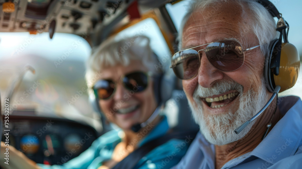 Cheerful elderly couple wife and husband sitting in airplane and enjoy their fly to vacation